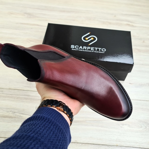 Burgundy Men's Chelsea Genuine Leather Boots - Picture 4 of 10